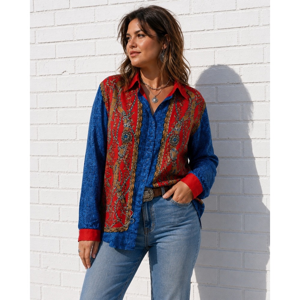 Diane Gilman Red Blue Silk Button Down Equestrian Chain Print Shirt 3X
